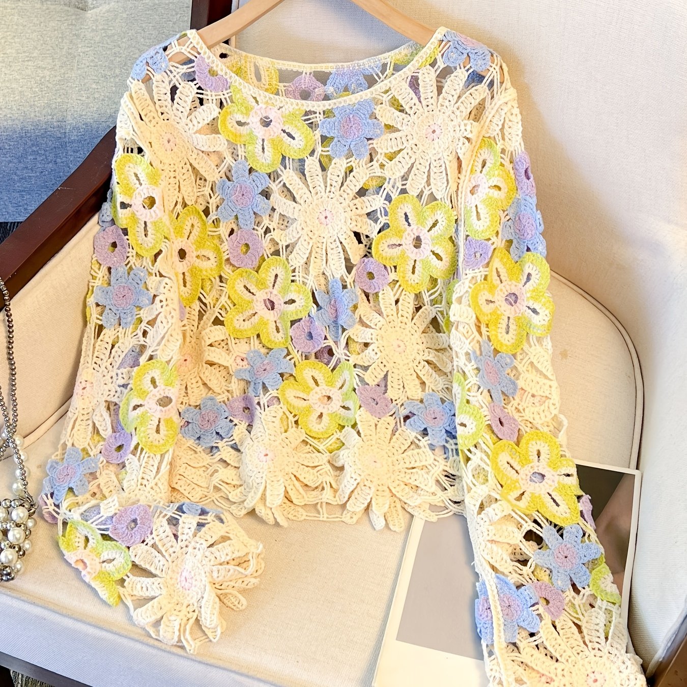 TEMU Damska bluzka w stylu bohemy z koronkowym, ażurowym okrągłym dekoltem, cienka, z blokami kolorów i kwiatowym wzorem, idealna na wiosnę i jesień
