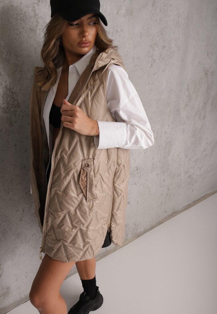 Brązowa Długa Kamizelka Pikowana z Nieodpinanym Kapturem Semaea