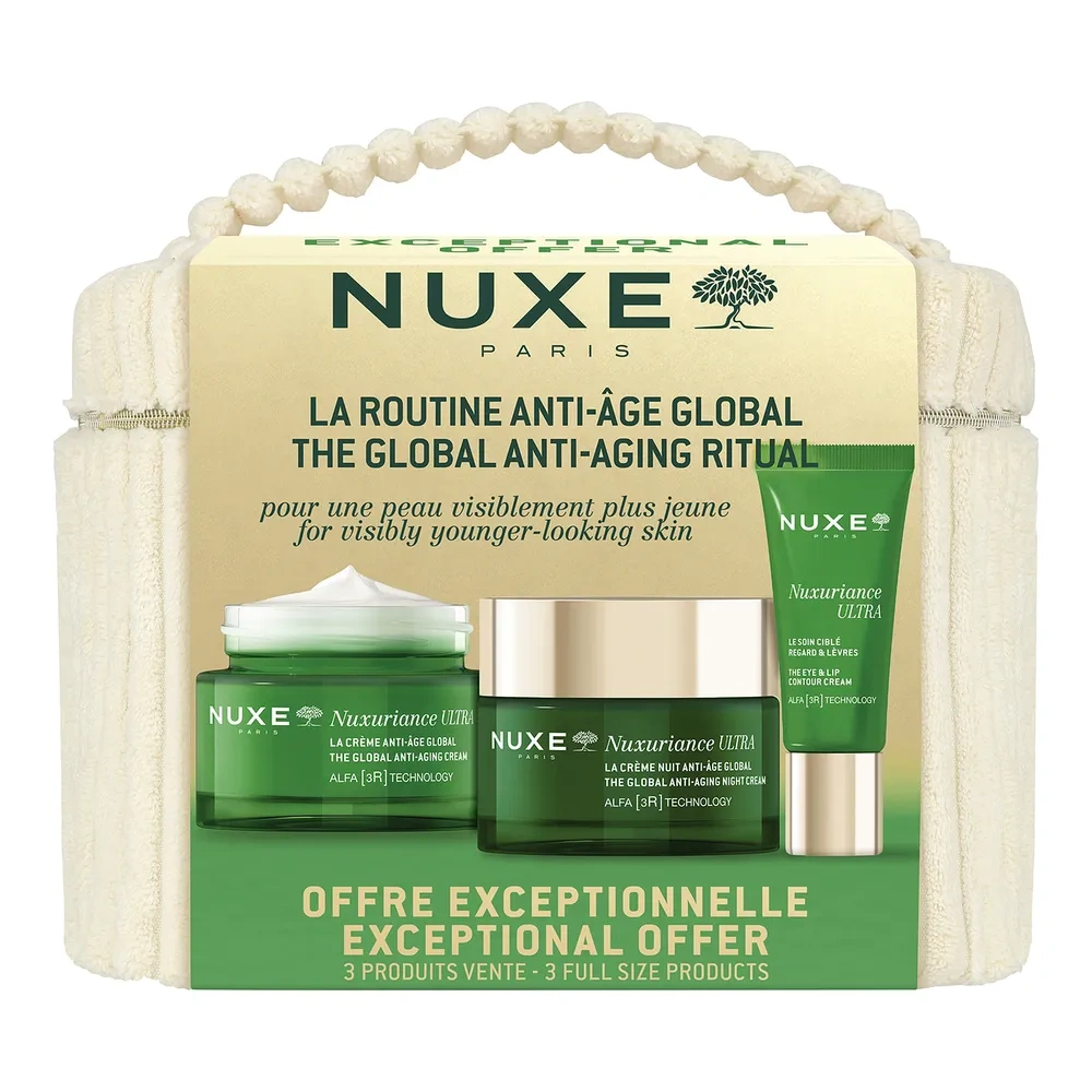 Nuxe Nuxuriance Ultra Globalna Rutyna Przeciwstarzeniowa zestaw krem na dzień 50 ml + krem na noc 50 ml + krem pod oczy i do ust 15 ml + kosmetyczka