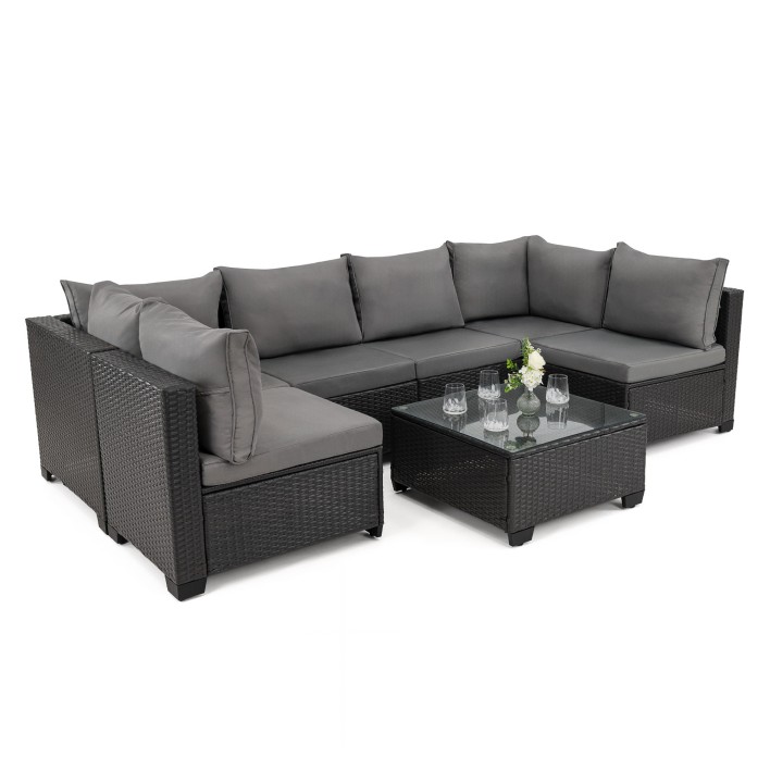 Zestaw mebli ogrodowych z technorattanu ALVANI Czarny Szare poduszki