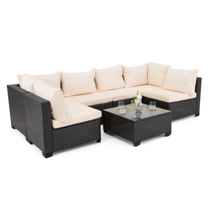 Zestaw mebli ogrodowych z technorattanu ALVANI Czarny Beżowe poduszki