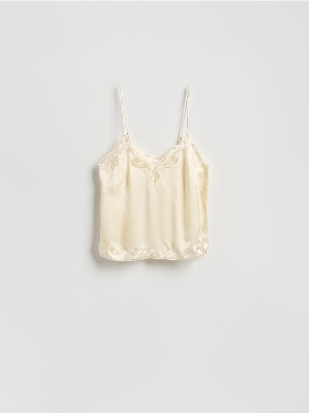 Reserved - Satynowy top z wiskozy - złamana biel