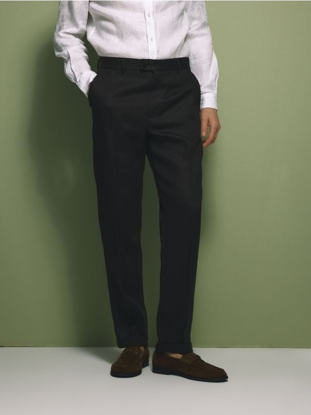 Reserved - Lniane spodnie garniturowe - ciemnobrązowy