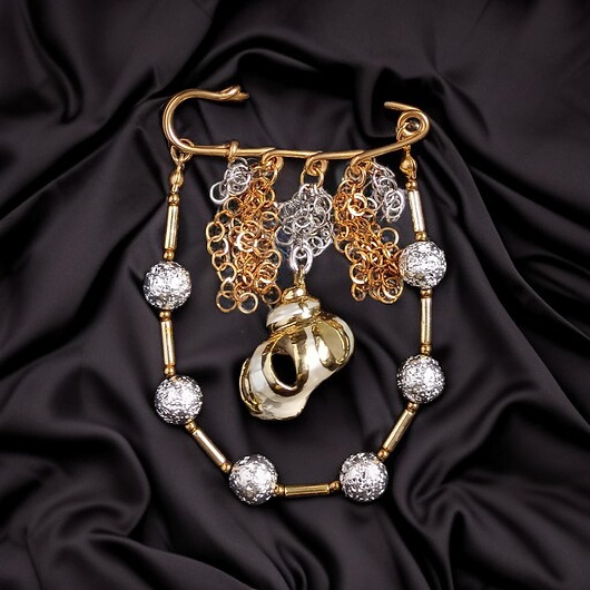 PREMIUM : broszka srebrno-złota z muszlą : efektowna, okazała