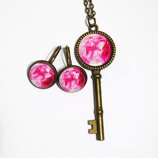 Naszyjnik klucz i kolczyki - Różowa pelargonia, brąz