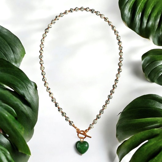 Jaspis dalmatyński i serce : CIEMNA ZIELEŃ: naszyjnik
