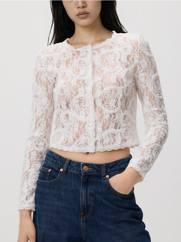 Reserved - Koronkowa marynarka z haftem - biały