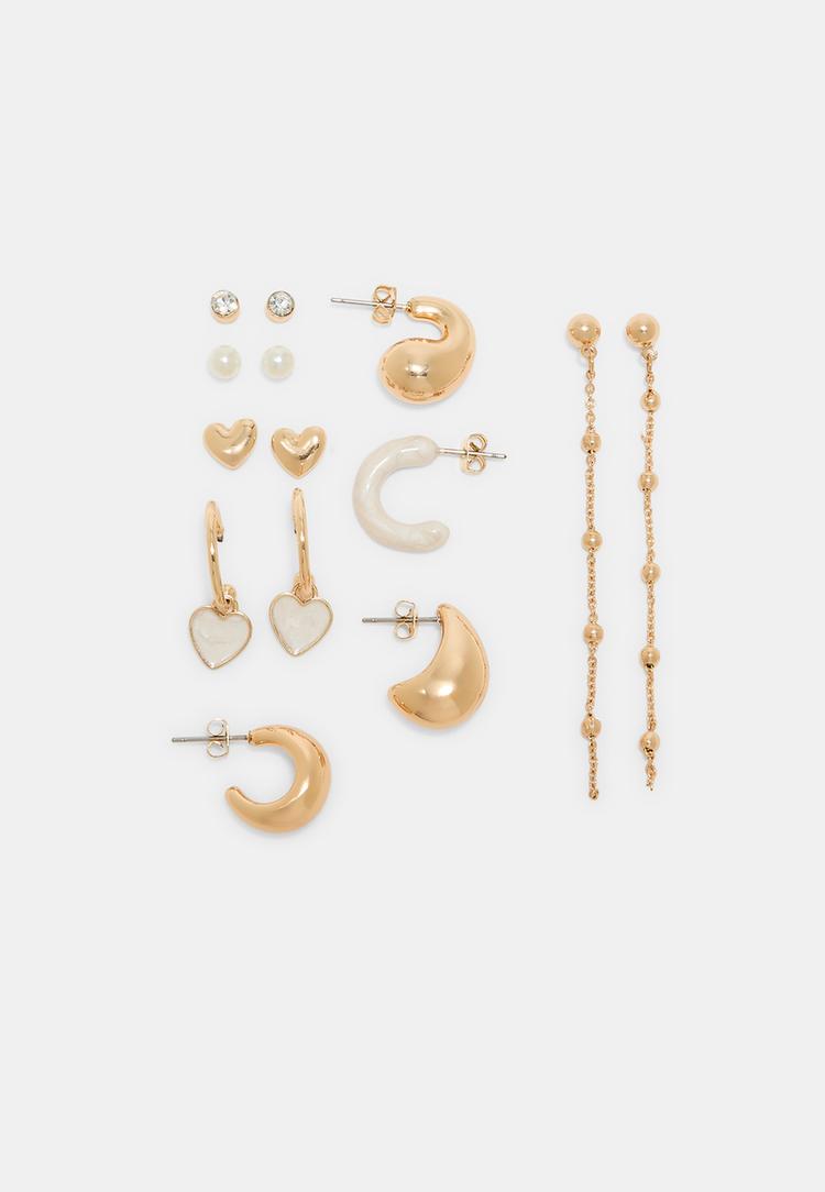 Stradivarius Zestaw 9 kolczyków serce i kółka Biały OS