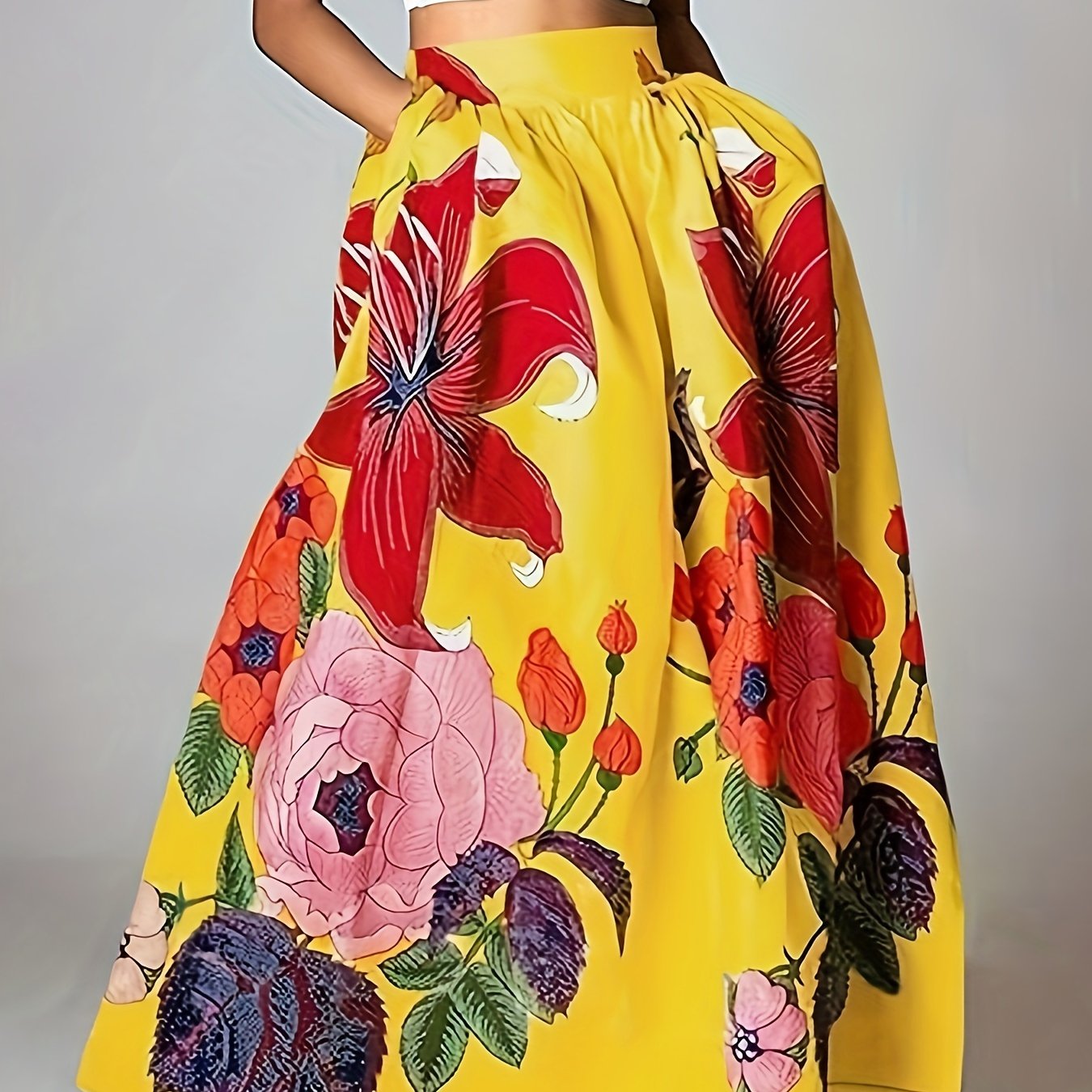 TEMU Sukienka Maxi w Kolorze Musztardowym z Kieszeniami - Hawajski Wzór Hibiskusa i Ptaka Rajskiego, Krótki Rękaw z Falbanką na Dołku, Idealna na