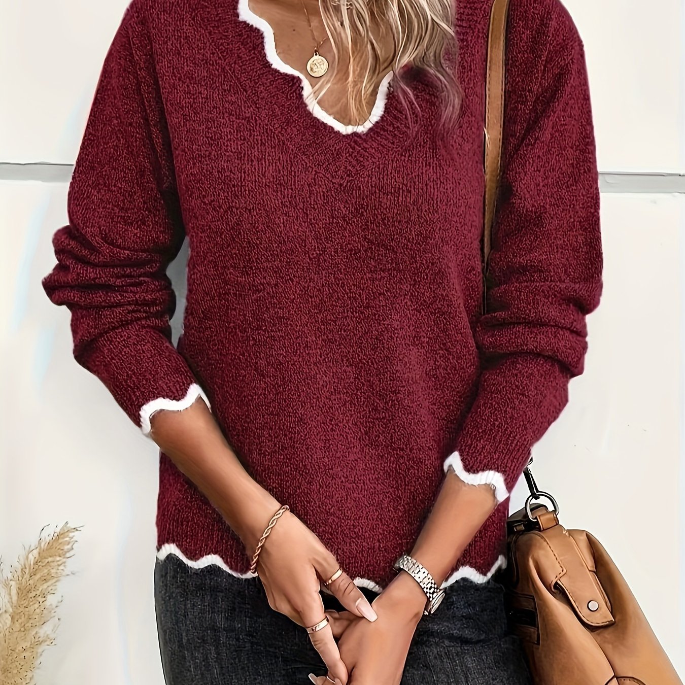 TEMU Bordowy sweter z długim rękawem i dekoltem w serek dla kobiet