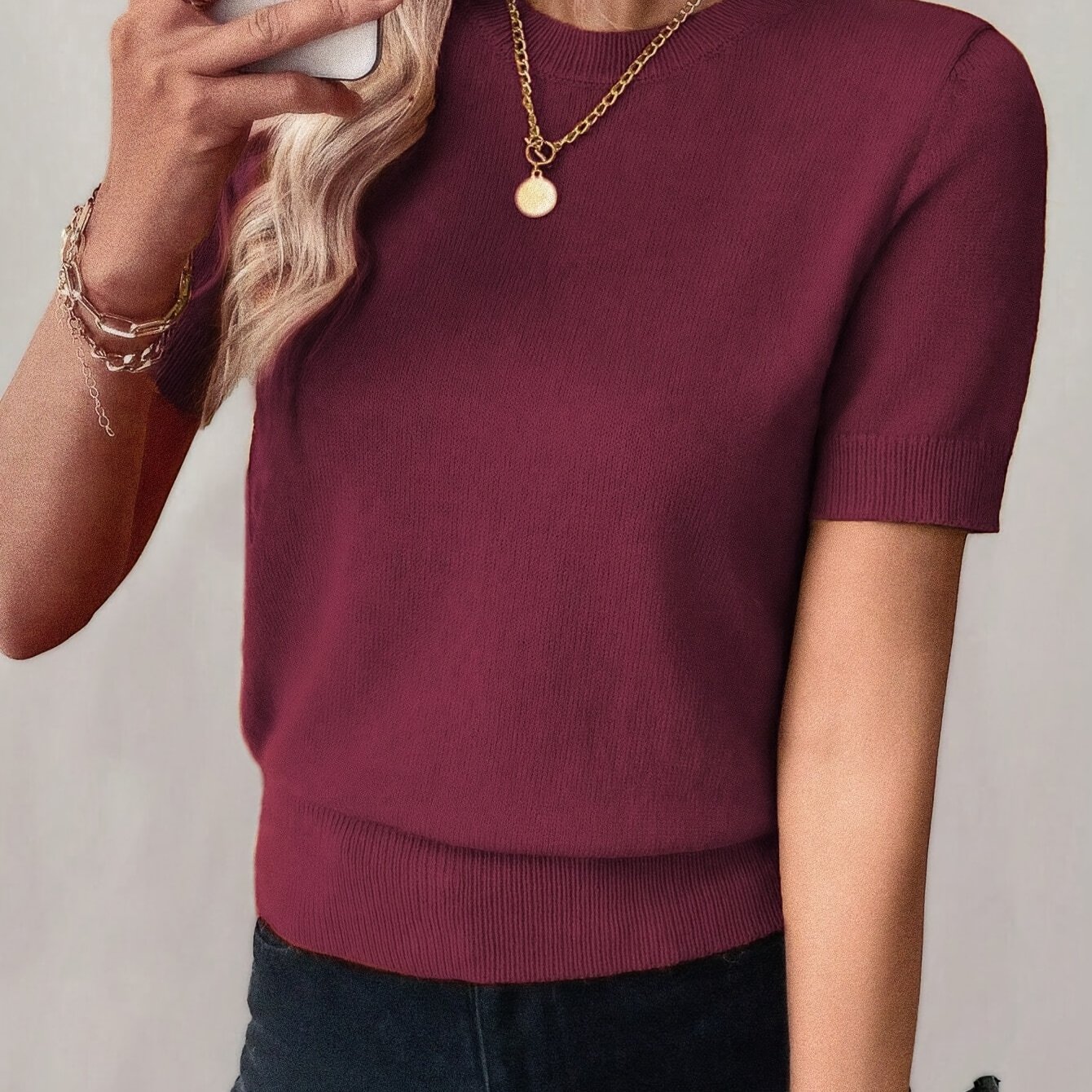 TEMU Damski letni casualowy modny, elegancki, codzienny, wszechstronny, prosty, jednokolorowy, z okrągłym dekoltem, dopasowany, wyszczuplający,