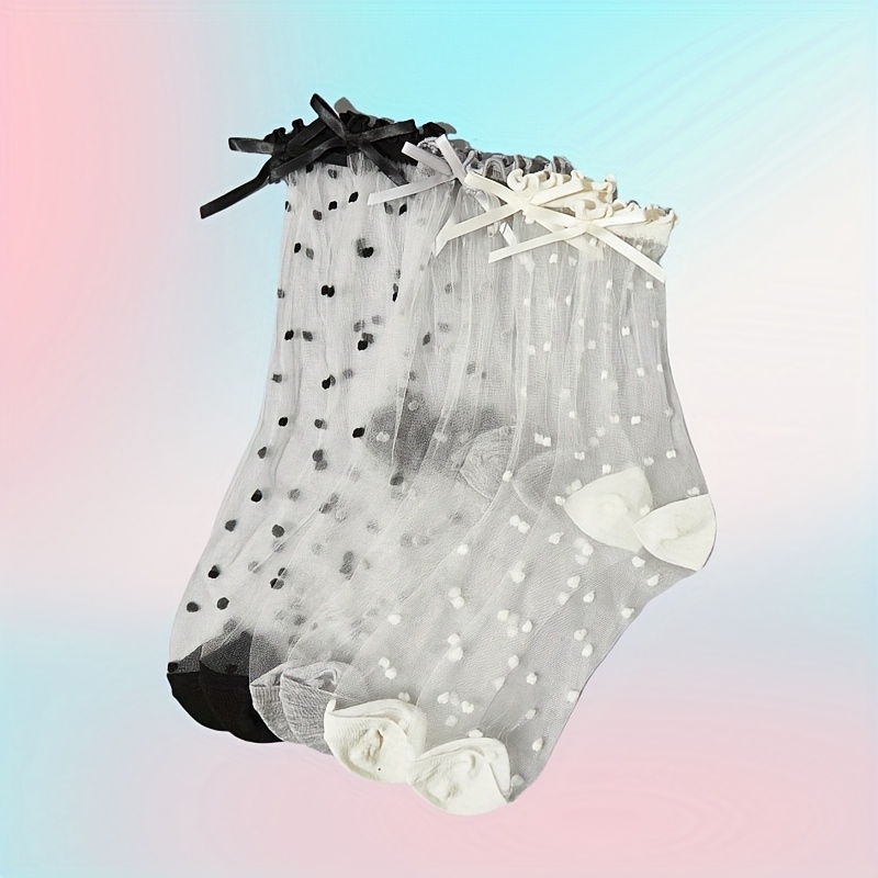 TEMU 3 pary uroczych czarnych, białych i szarych skarpet do połowy łydki w kropki z kokardkami