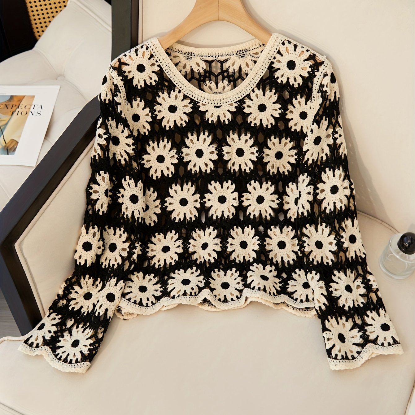 TEMU Modny ażurowy sweter w stylu bohemy z długim rękawem i etnicznym haftem dla pań