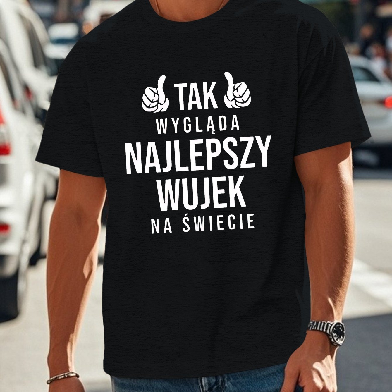 TEMU Polski Najlepszy Wujek Męska Koszulka z Krótkim Rękawem - Casual Okrągły Dekolt Letnia Bluzka z Geometrycznym Wzorem, Oddychająca i Wygodna