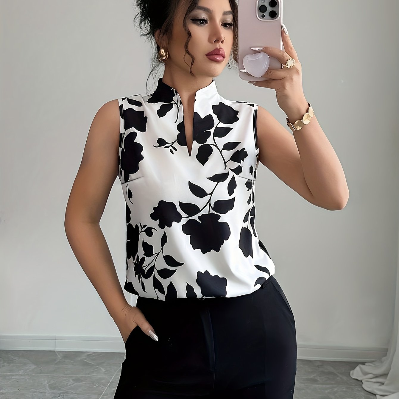 TEMU Elegancka Bluzka Bez Rękawów z Kwiatowym Nadrukiem dla Pań, Casualowa Codzienna Moda, Stylowy Design, Tkaniny, Pranie w Pralce, Drukowana