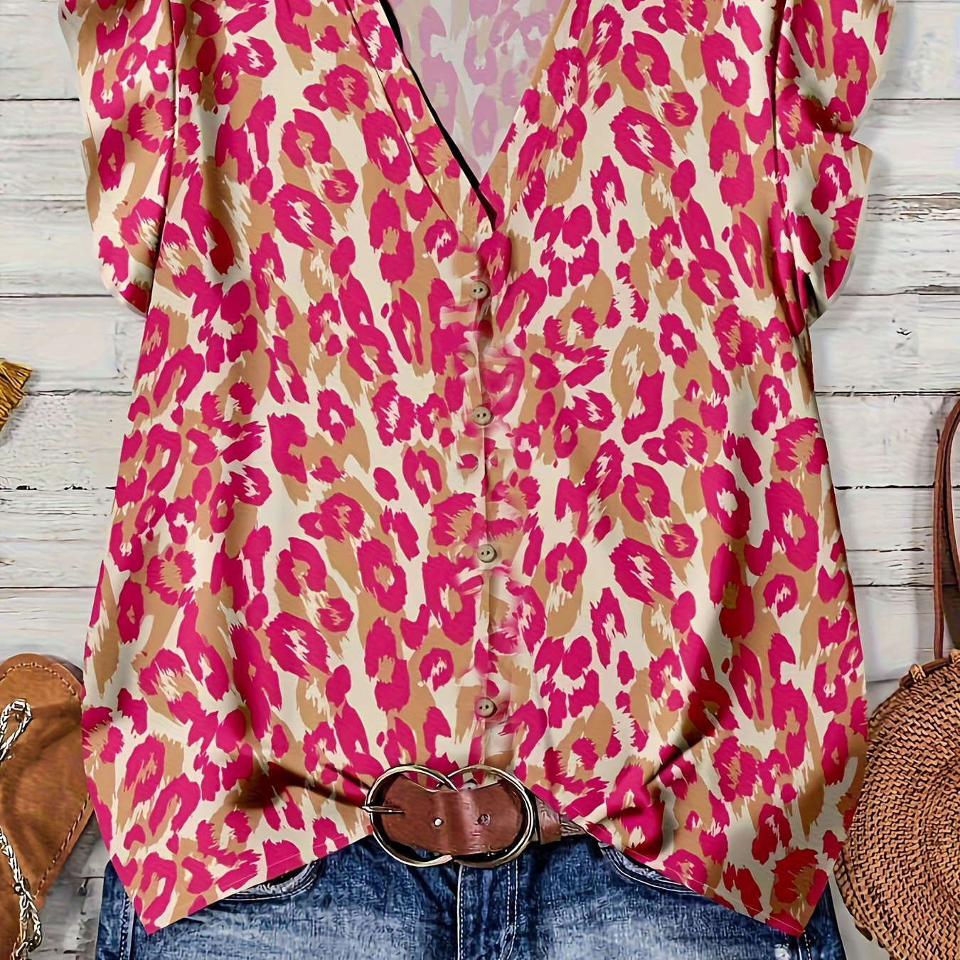 TEMU Koszula Damska z Dekoltem w Serek, Krótki Rękaw Nietoperz, Wzór Leopard