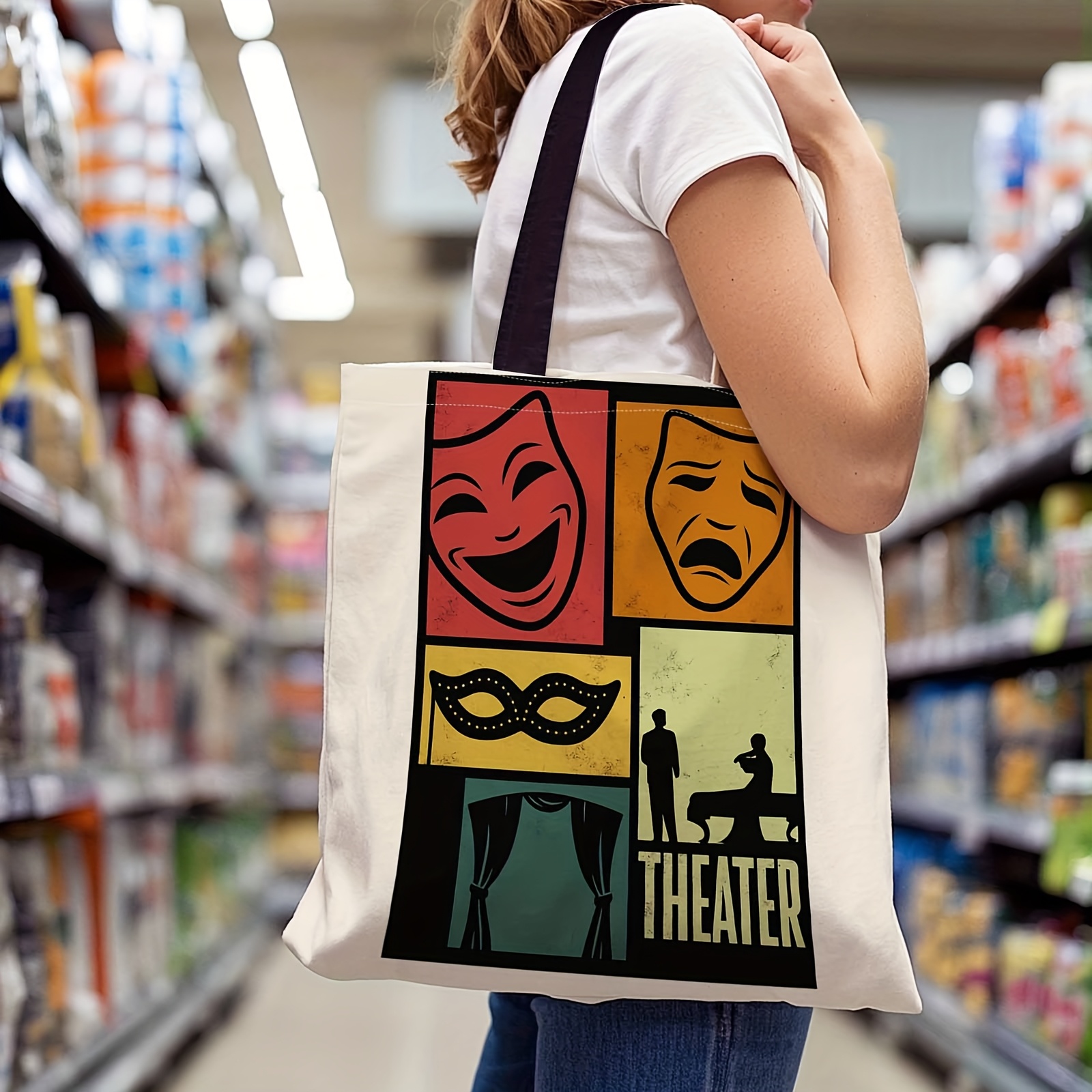 TEMU Torba Teatralna z Maskami Komedii i Tragedii oraz Nadrukiem Dramatu – Wytrzymała, Wielokrotnego Użytku Torba na Zakupy lub Torebka do