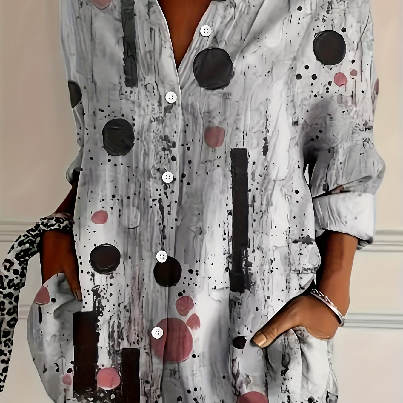 TEMU Elegancka Koszula Damska z Nadrukiem Specjalnej Edycji - Koszula z Długim Rękawem Zapinana na Guziki, Kołnierzyk, Średnia Elastyczność i