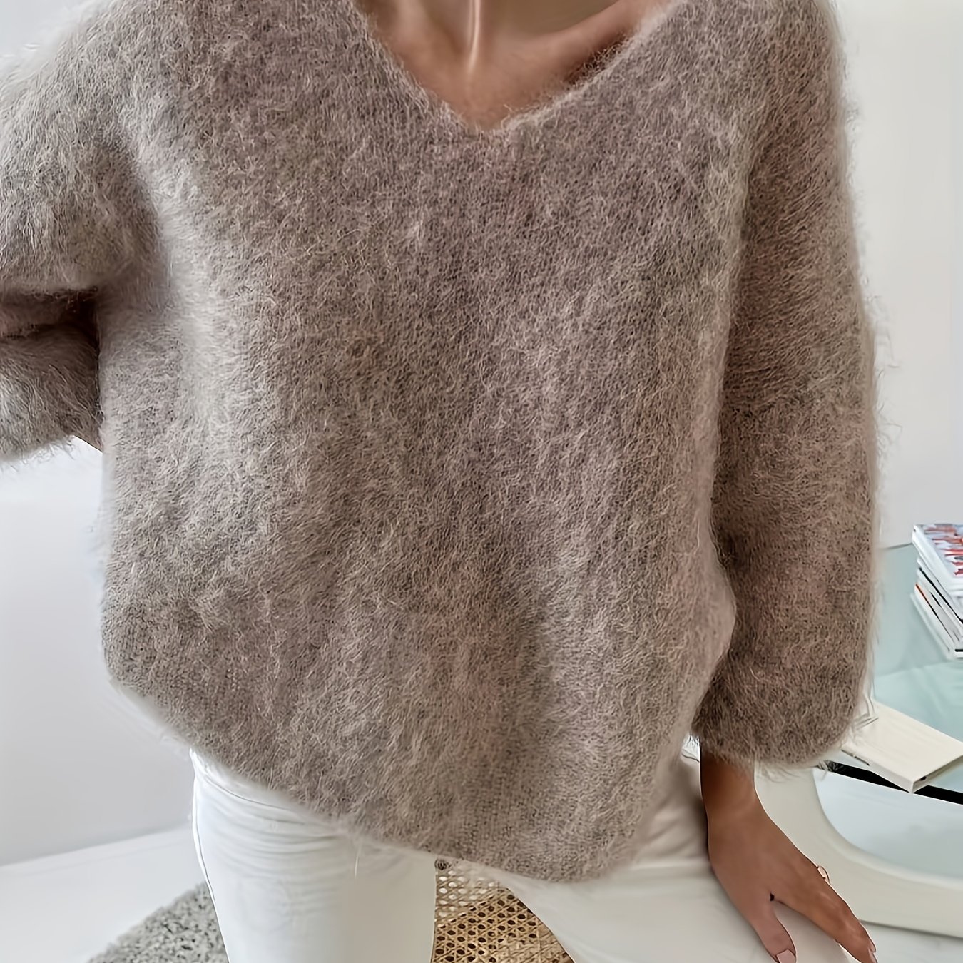 TEMU Damski sweter wełniany - ciepły top na jesień i zimę, wykonany z wełny, z długim rękawem i dekoltem w serek, elegancki i stylowy, idealny na