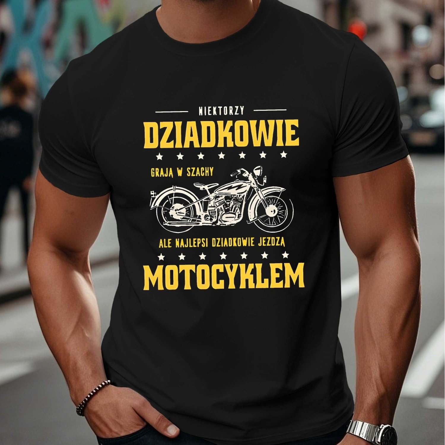 TEMU Męska koszulka z grafiką motocykla Wyrazisty żółty polski napis i motocyklowy design, nierozciągliwy materiał, okrągły dekolt, casualowy top
