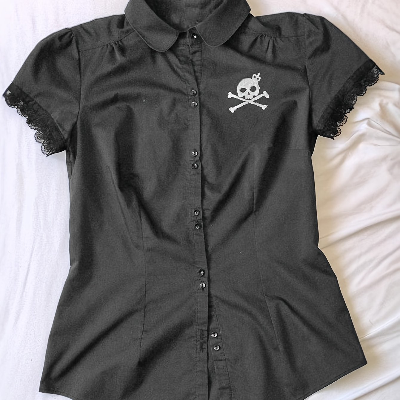 TEMU Koszulka Y2K New Retro Dark Gothic Pattern z krótkim rękawem, oddychająca czarna koszula vintage w stylu gotyckim z kołnierzykiem, drukowana