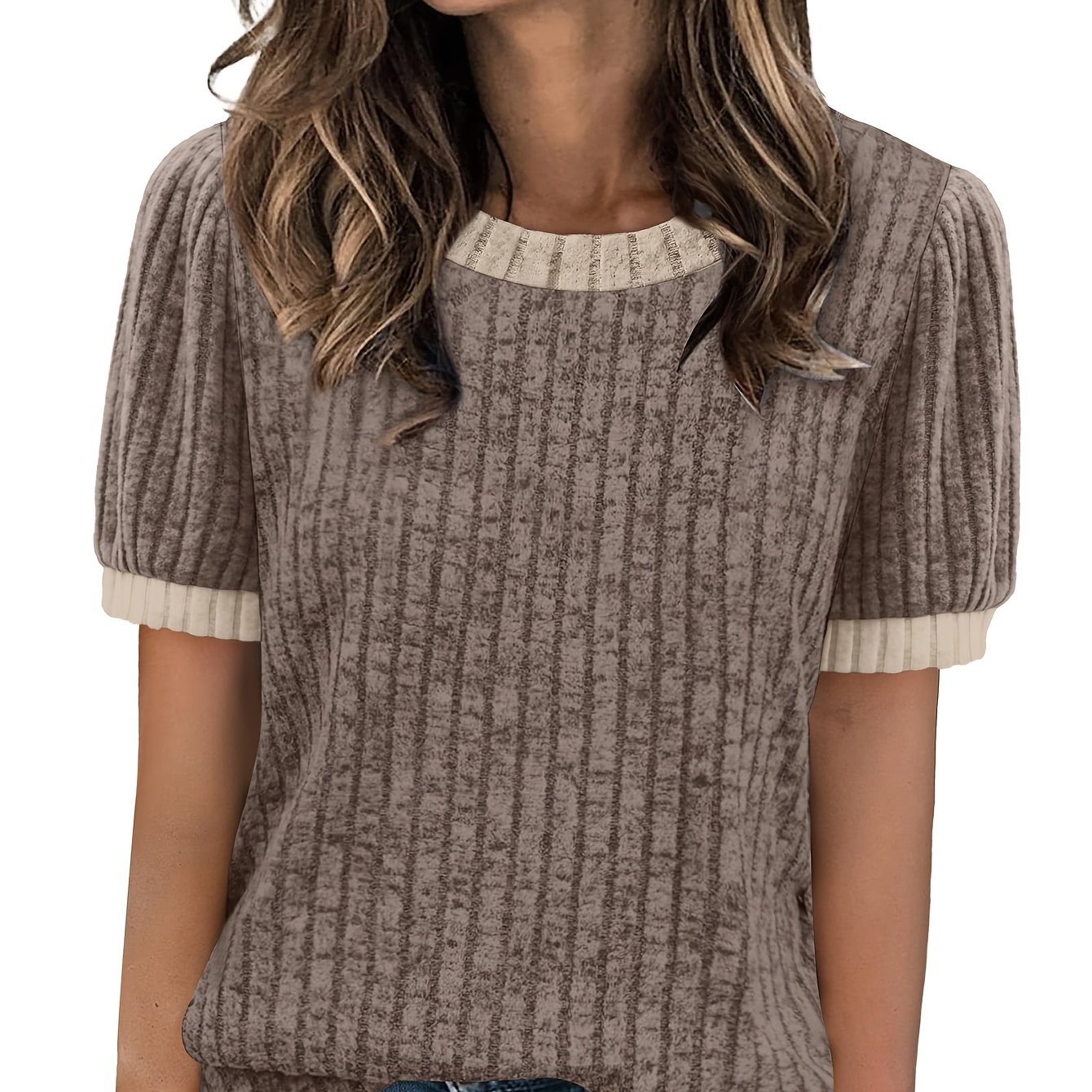 TEMU Damski Modowy Top Wygodna Casualowa Podstawowa Koszulka Elegancki Okrągły Dekolt Kolorowy Blok T-Shirt Luźny Krótki Rękaw Bluza