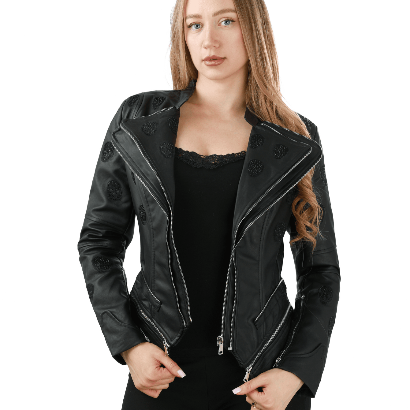 TEMU Damska kurtka w stylu casual, nowoczesna kurtka z ozdobnym motywem i zamkami, stylowa ramoneska z przeszyciami, elegancka kurtka, modna kurtka