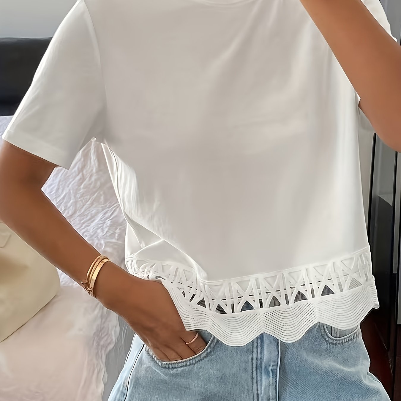 TEMU Damski T-Shirt z Koronkowym Patchworkiem, Okrągły Dekolt, Krótki Rękaw, Letnia Casualowa Bluzka