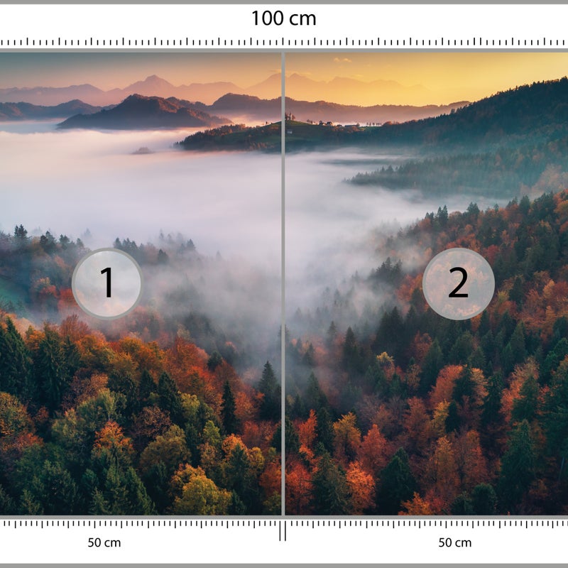 FOTOTAPETA DO SYPIALNI SALONU JESIENNY LAS WE MGLE GÓRY PEJZAŻ 3D 100x70
