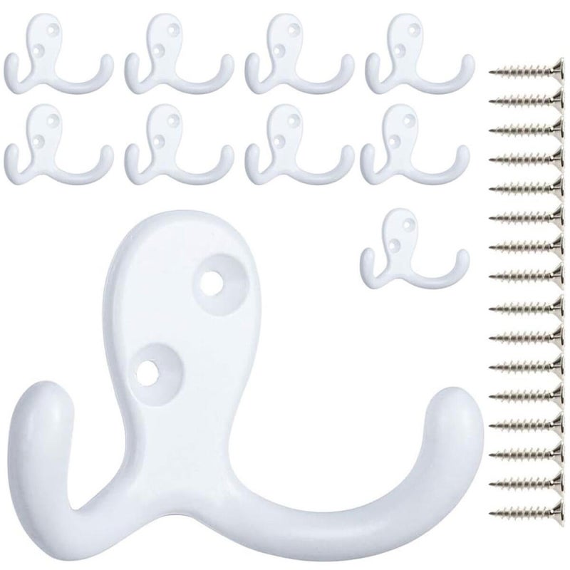 Zestaw 10 solidnych, podwójnych haczyków ściennych, w kolorze białym, ze śrubami, odpowiednich do wieszania płaszczy, szalików, ręczników itp.