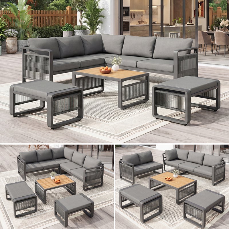 Narożny zestaw mebli ogrodowych dla 6-7 osób z ocynkowanego żelaza: 2 sofy pięcioosobowe + 2 hokery + 1 stolik kawowy - Szary