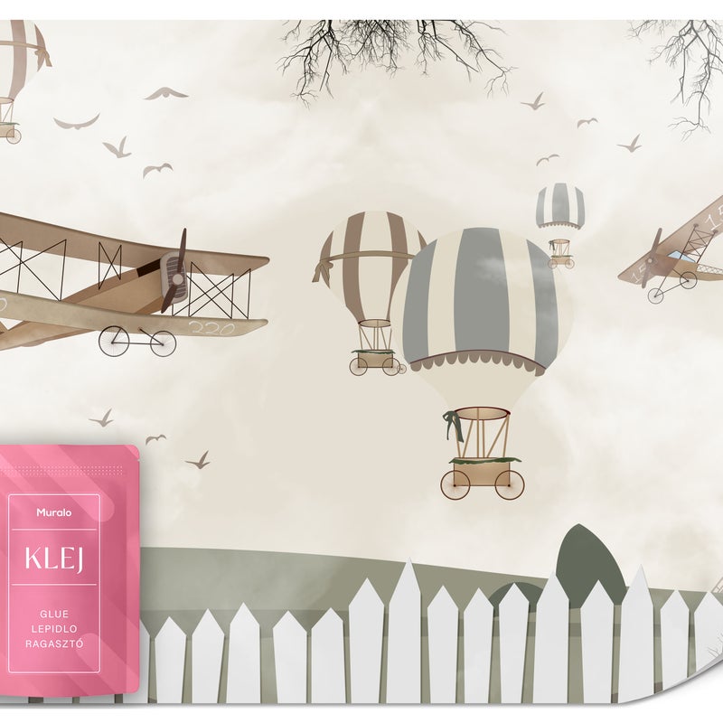 FOTOTAPETA DLA DZIECI BALONY SAMOLOTY PTAKI PEJZAŻ NATURA STYL BOHO 250x175