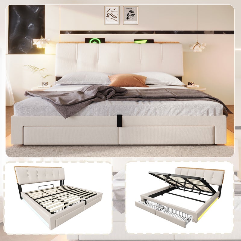Łóżko z pojemnikiem 180 x 200 cm, 2 szufladami i portami USB/Type-C - Tkanina lniana - Diody LED - Beżowe (Materac nie jest dołączony)