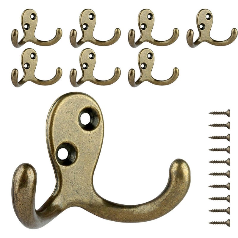 Osiem solidnych, dwuściennych haczyków w wykończeniu z antycznego brązu, ze śrubami, idealnych do wieszania płaszczy, szalików, ręczników itp.
