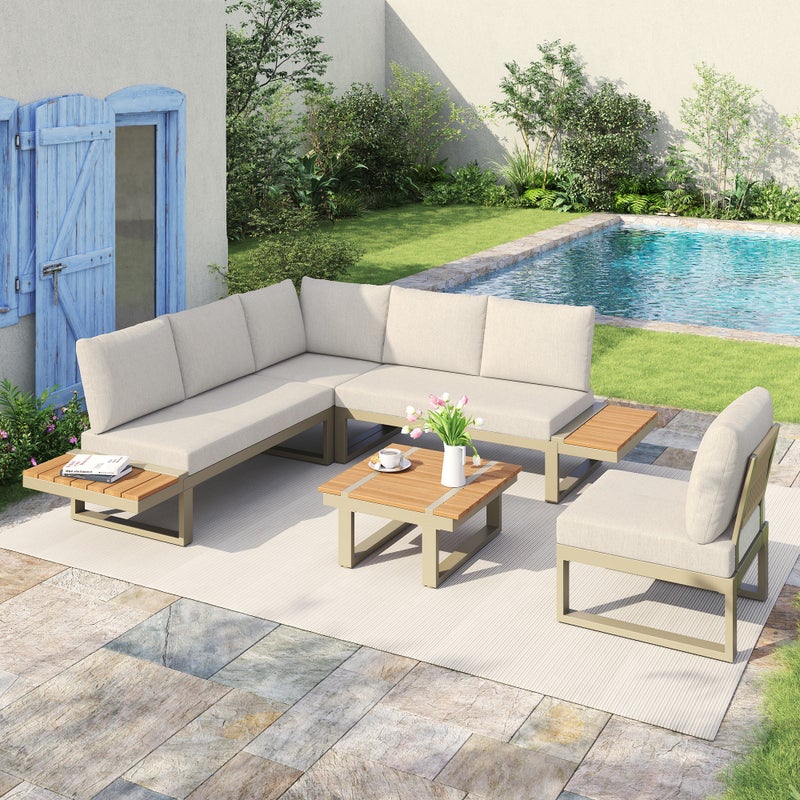 Zestaw mebli ogrodowych - 6-osobowa - Stal ocynkowana - Narożnik - ze stolikiem kawowym - Blat z kompozytu drewna i tworzywa sztucznego - Beżowy