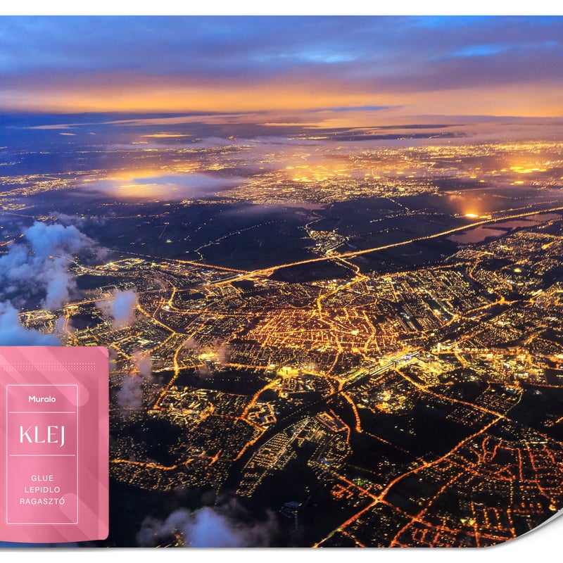 FOTOTAPETA DO SALONU BIURA WIDOK Z LOTU PTAKA NOCĄ PANORAMA MIASTA 450x315