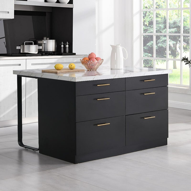 Wyspa kuchenna z 6 szufladami z MDF i metalu - Czarny i Efekt białego marmuru - ALEGRITA