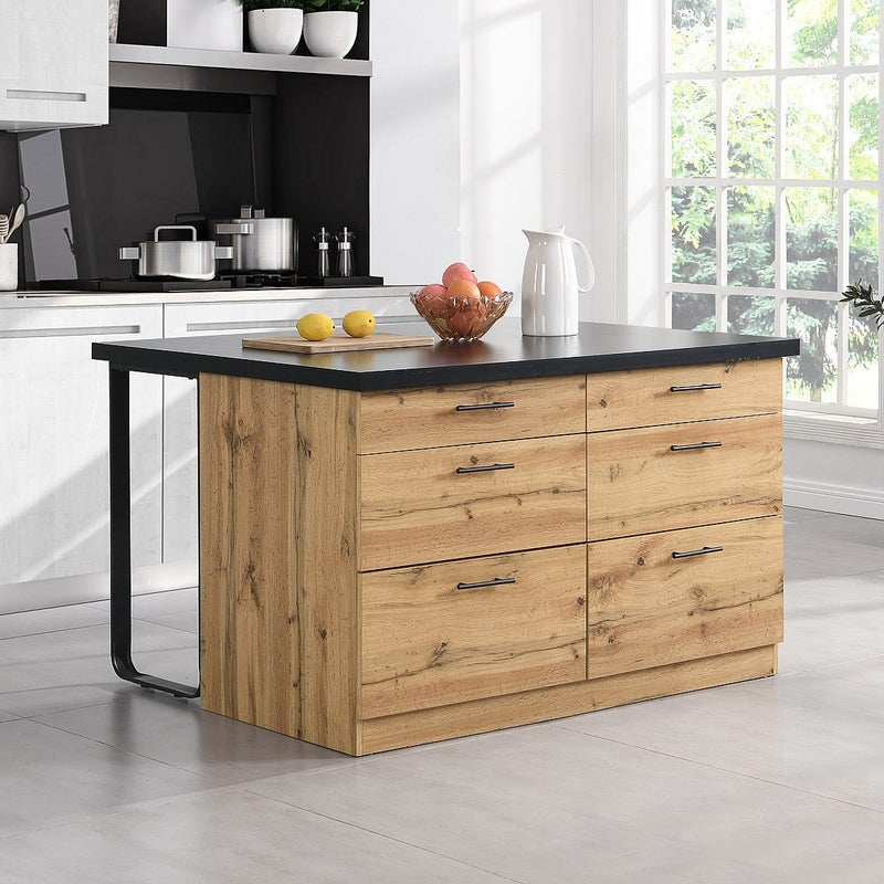 Wyspa kuchenna z 6 szufladami z MDF i metalu - Czarny i Naturalny jasny - ALEGRITA