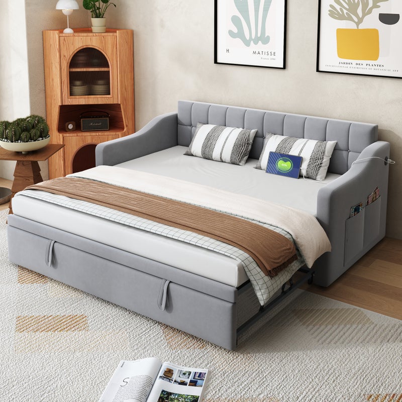 Kanapa łóżko 90x190 cm z poduszką - Luksusowy welur - Porty USB do ładowania - Przekształcalna 180x190 cm - Jasnoszary