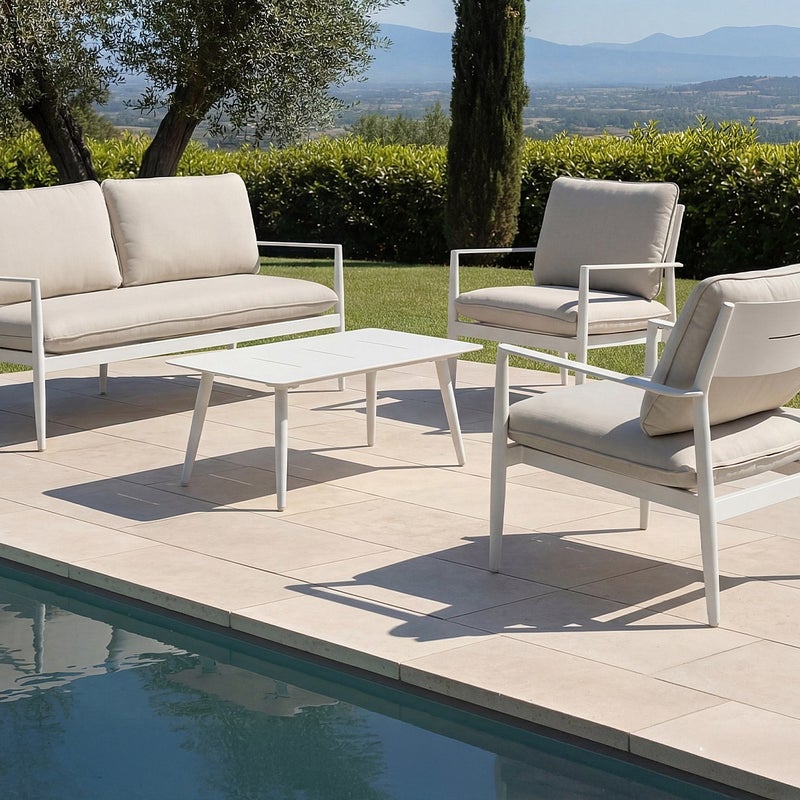 Zestaw mebli ogrodowych z aluminium: Kanapa 2-osobowa, 2 fotele i stolik kawowy - Biały z beżowymi poduszkami - TAVINYA od MYLIA