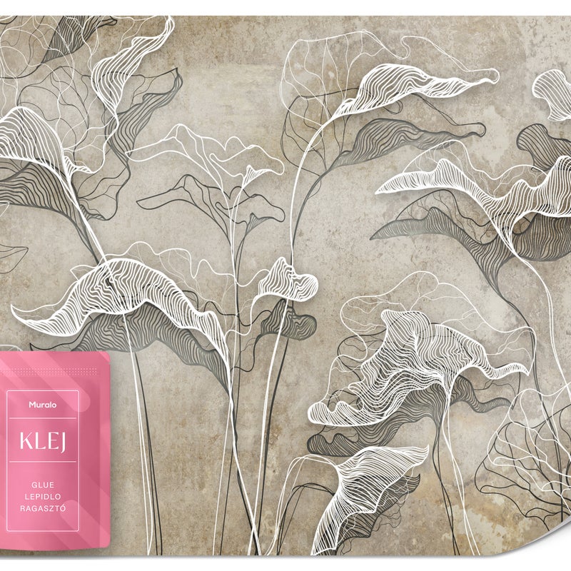 FOTOTAPETA DO SALONU MALOWANE LIŚCIE LINE-ART ABSTRAKCJA BETON LOFT 450x315