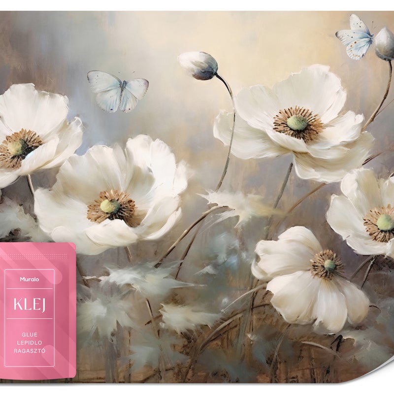 FOTOTAPETA DO SYPIALNI BIAŁE MAKI POLNE KWIATY VINTAGE ABSTRAKCJA 350x256