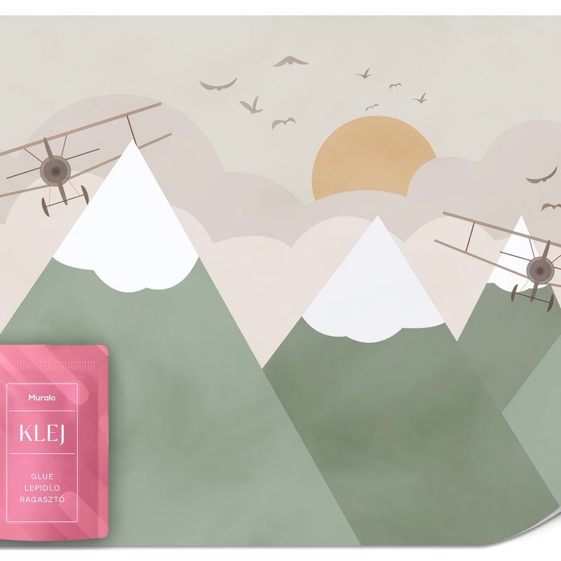 FOTOTAPETA DLA DZIECI SAMOLOTY GÓRY CHMURY PTAKI STYL SKANDYNAWSKI 400x280