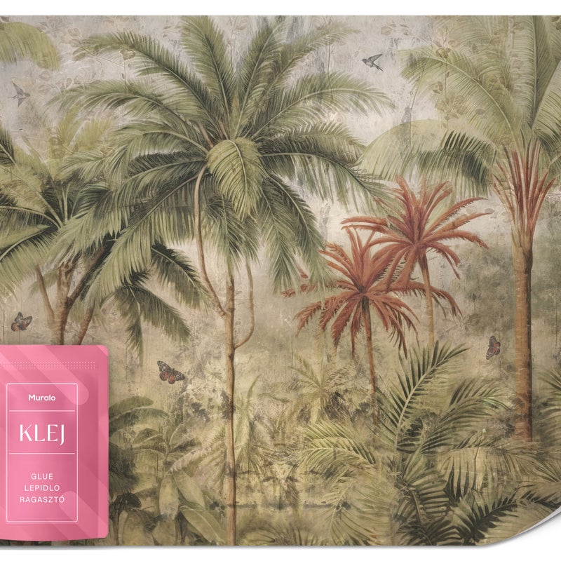 FOTOTAPETA DO SALONU ABSTRAKCJA LAS DŻUNGLA PALMY STYL RETRO BETON 150x105