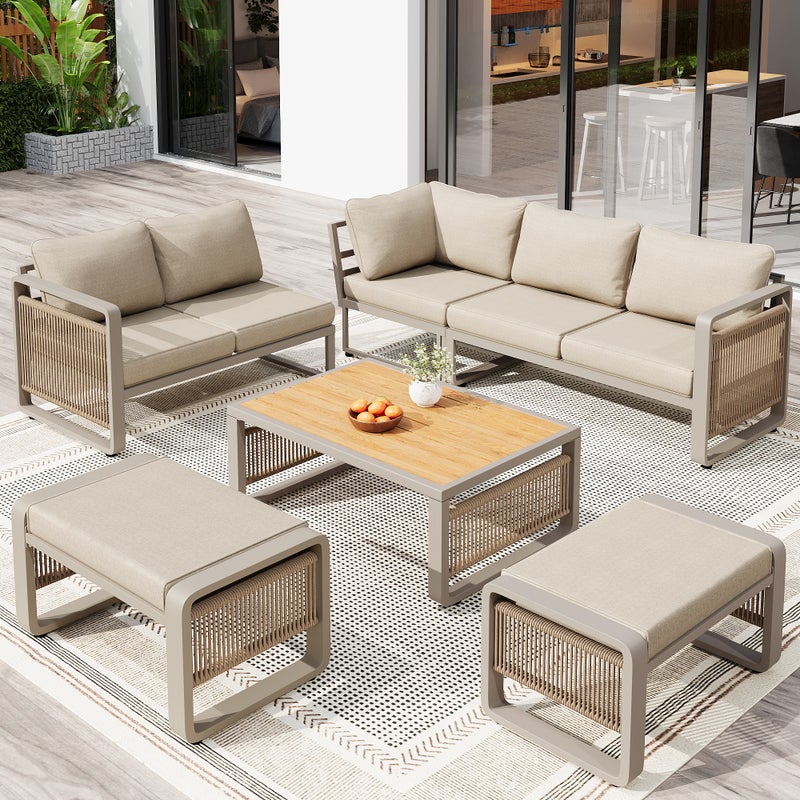 Zestaw mebli ogrodowych dla 6-7 osób - lina - sofa narożna - ocynkowane żelazo - stolik kawowy - 2 stołki, beżowy