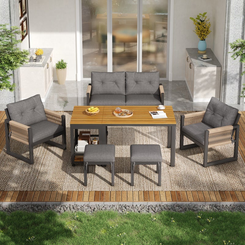 Zestaw mebli ogrodowych dla 6 osób - 4 fotele - 1 stół - 2 stołki - ocynkowane żelazo - zdejmowane i zmywalne pokrowce - beżowy