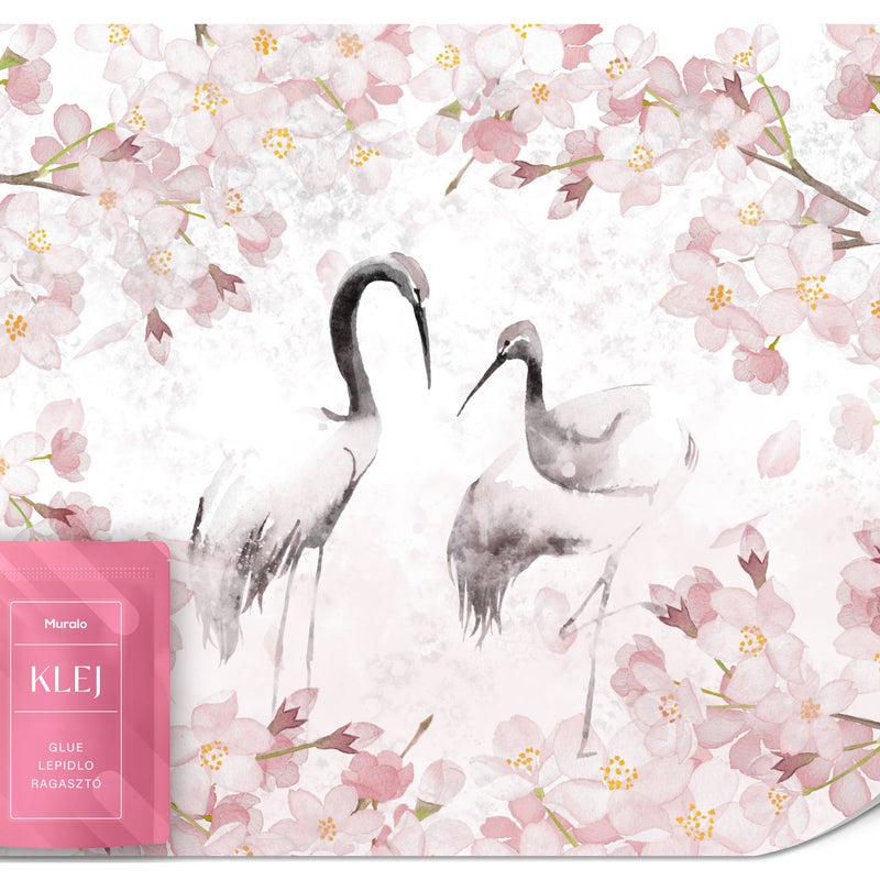 FOTOTAPETA DO SALONU SYPIALNI PTAKI ŻURAWIE KWIATY WIŚNI ABSTRAKCJA 150x105