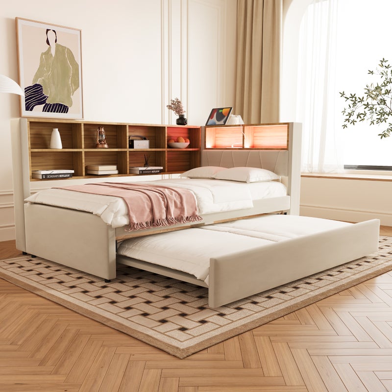 Sofa łóżko 90x200 cm, rozciągalne 90x190 cm - LED, USB-C, Beżowy, Flanel