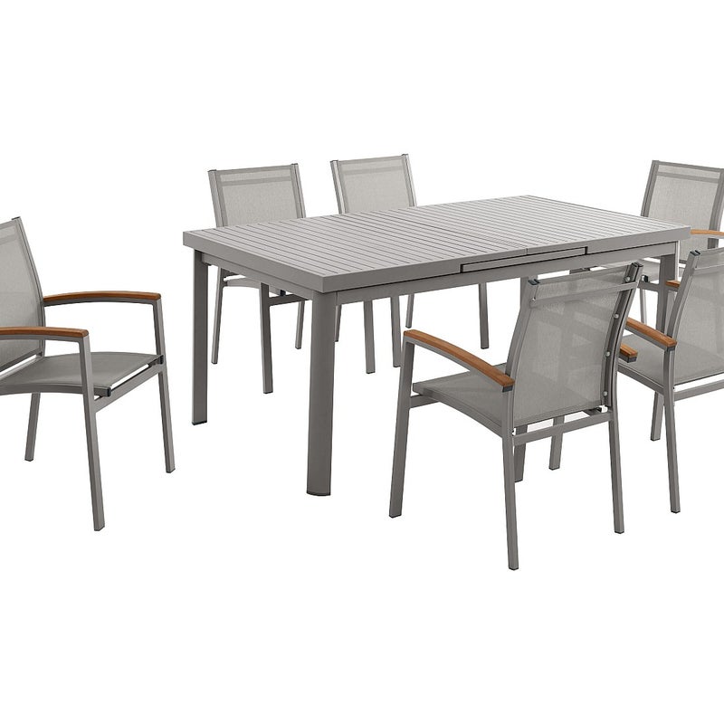 Zestaw mebli ogrodowych jadalnianych z aluminium: stół rozkładany dł. 180/240 cm i 6 sztaplowanych foteli z akacjowymi podłokietnikami - Taupe - NAURU