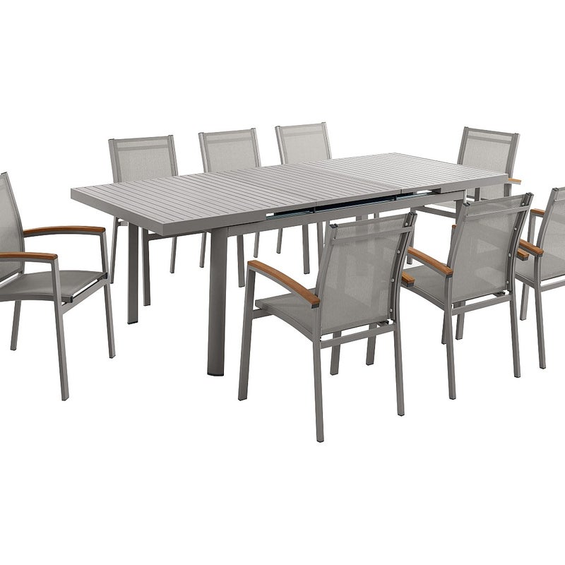 Zestaw mebli ogrodowych jadalnianych z aluminium: stół rozkładany dł. 180/240 cm i 8 sztaplowanych foteli z akacjowymi podłokietnikami - Taupe - NAURU
